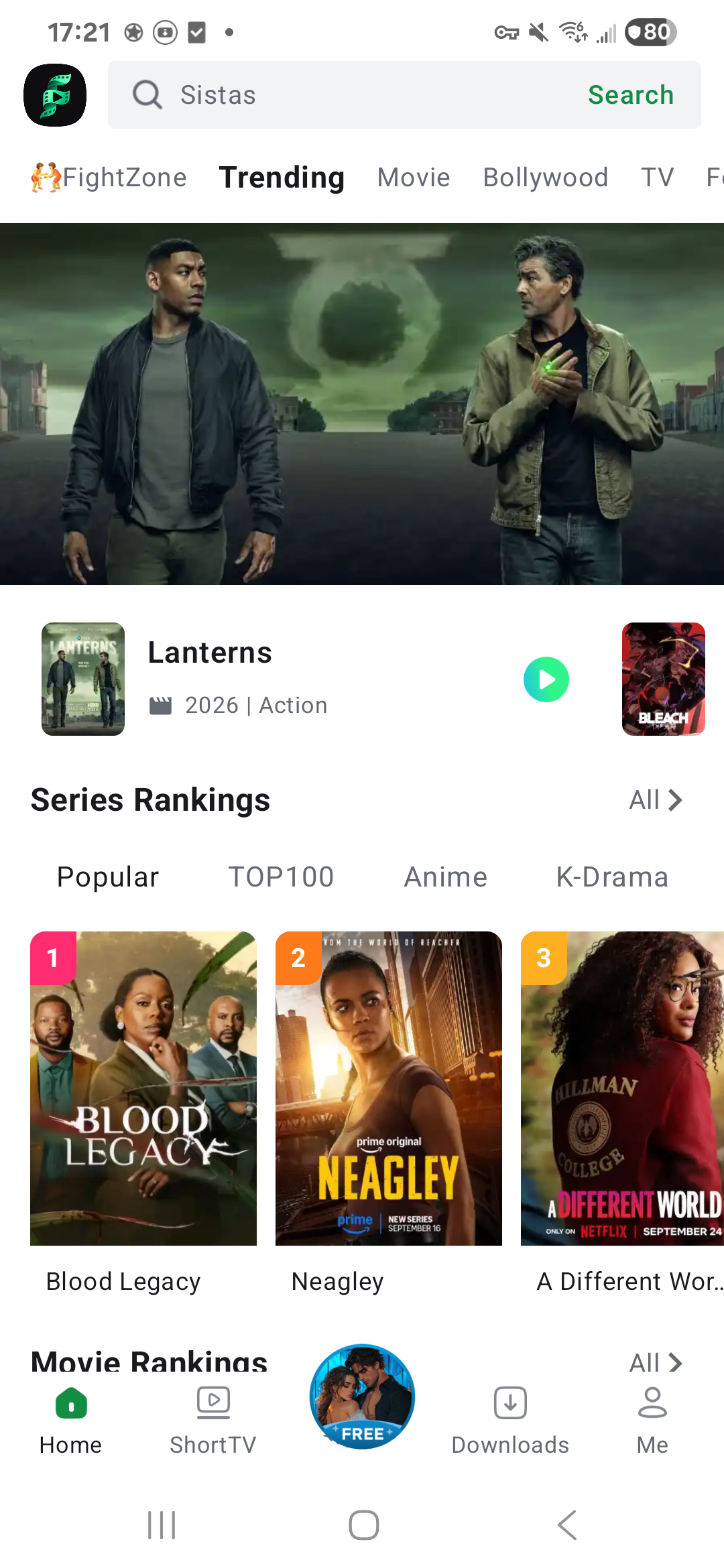 freefilm Android app with its green film icon, trending movies, search, and downloads